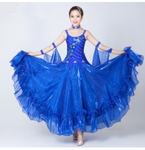 Red yellow royal blue sleeveless rhinestones competition performance professional ballroom tango long length waltz dance dresses